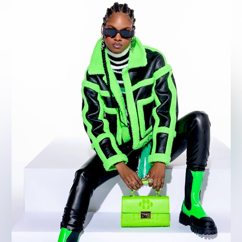 AKIRA Label La Vida Lime Crime Pleather Sherpa Coat Faux Leather Neon 💚 Size XL - Picture 3 of 16